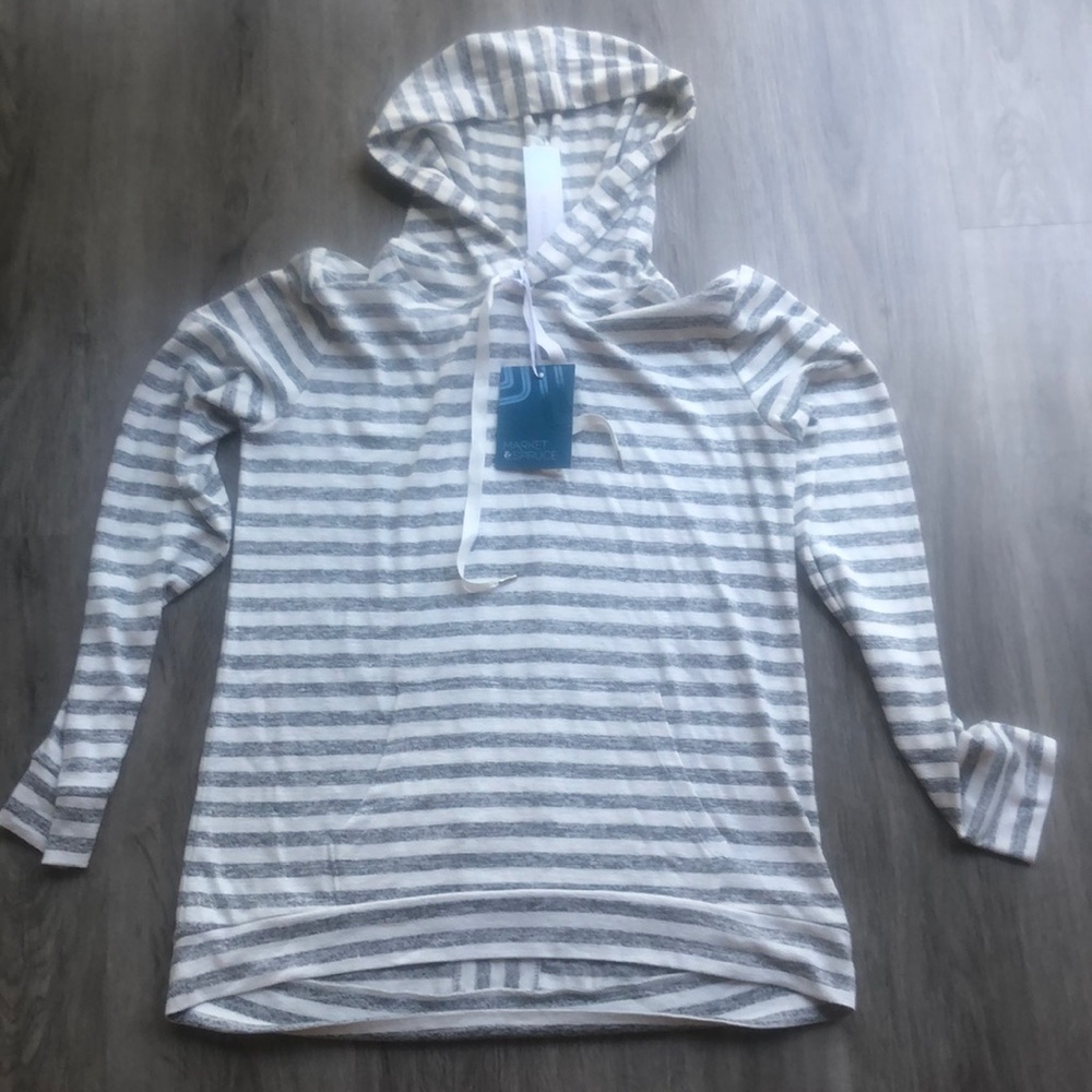 NWT White and gray striped long sleeve hoodie